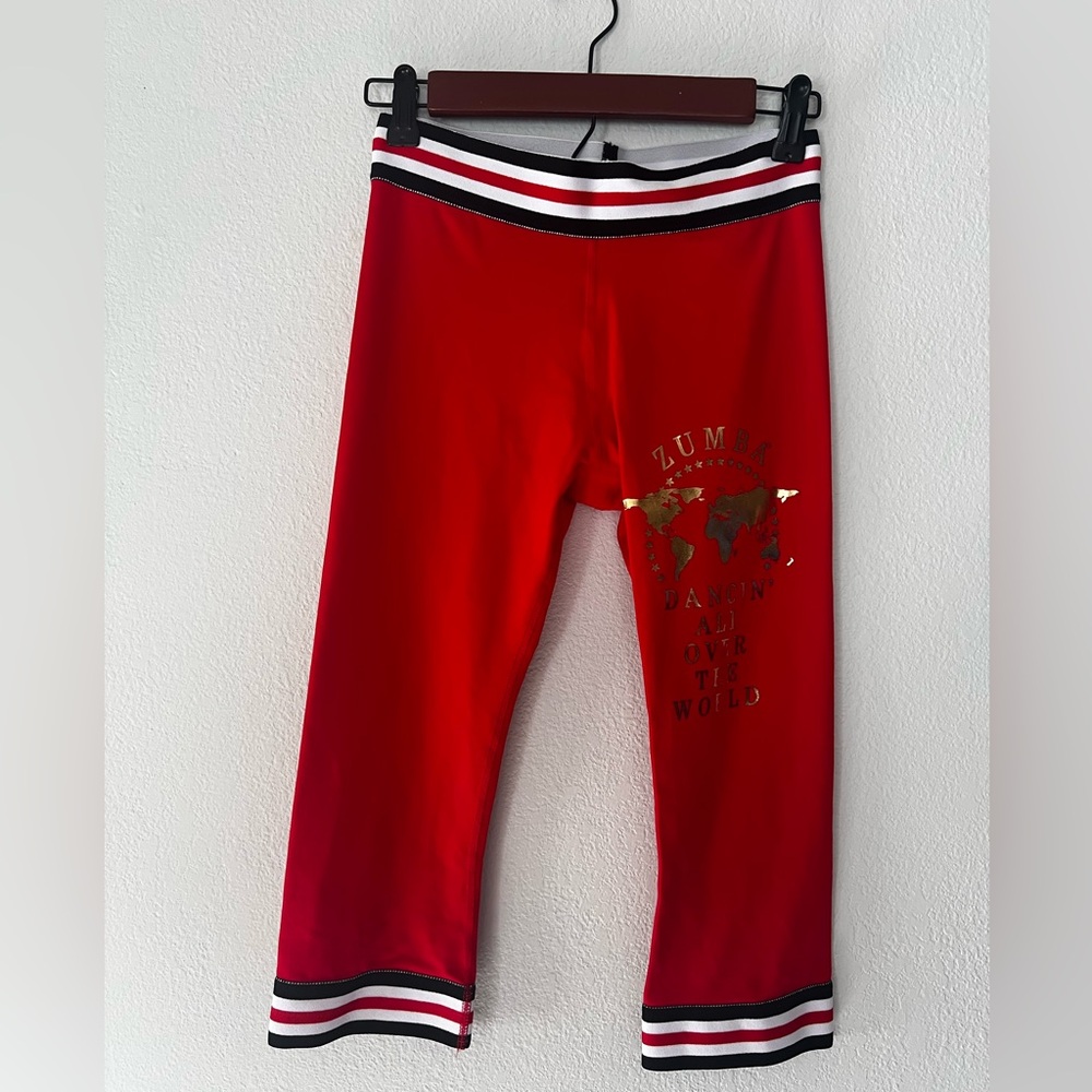 Zumba Red Capri Leggings with Black and White Stripes. Size small